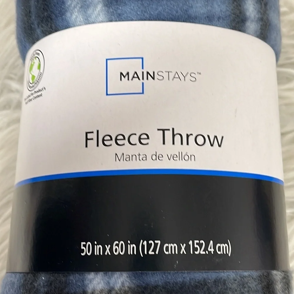 MAINSTAY FLEECE THROW PLAID BLUE BLACK & WHITE BLANKET NEW